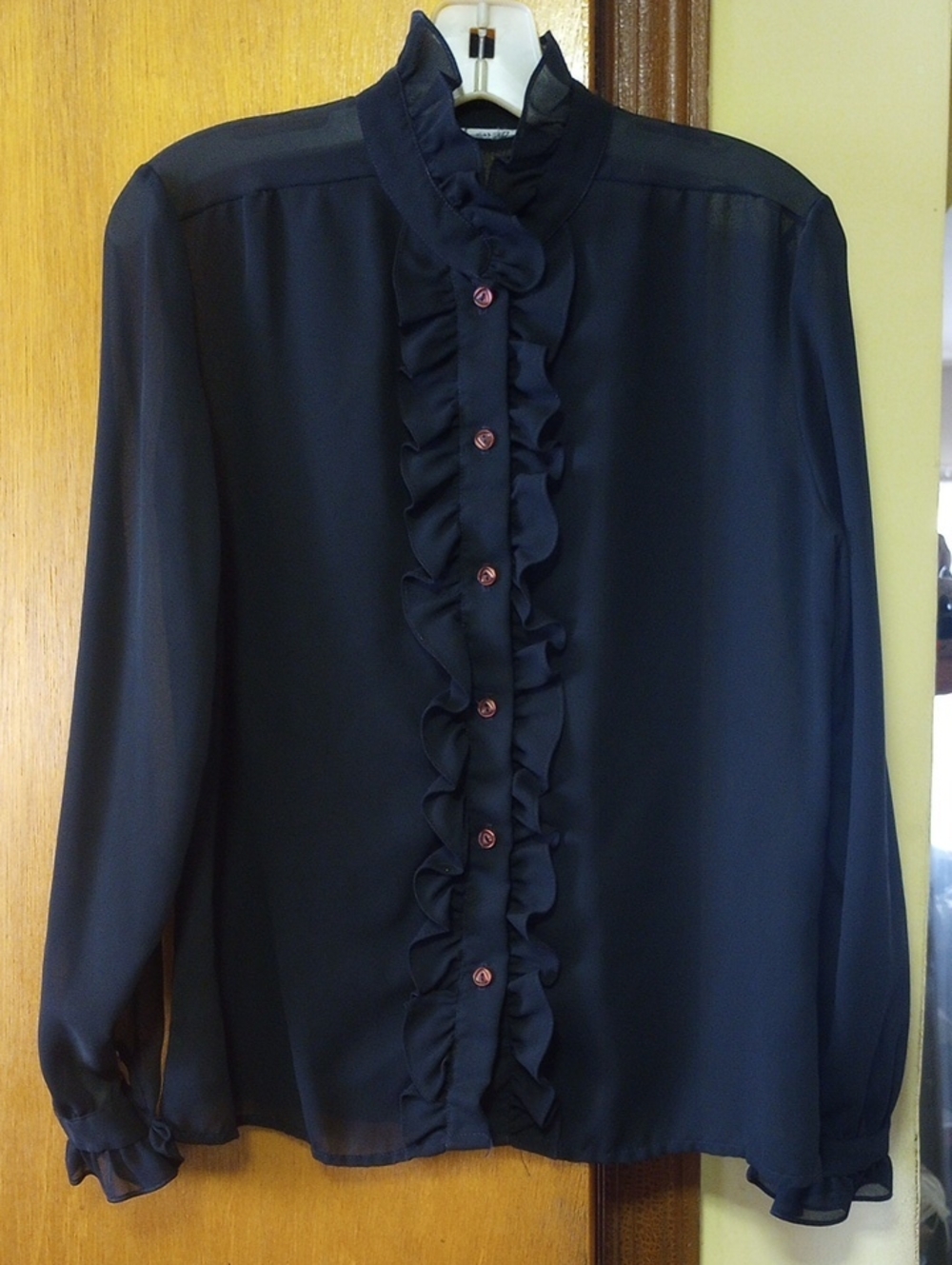 Classic, Modest Neutral Black Sheer Blouse w/ Ruffles & Long Sleeves. Medium?